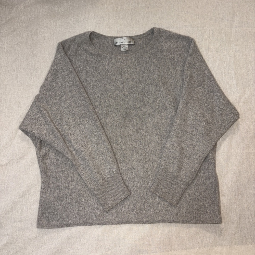 Precious Fibers 100% Cashmere Sweater Womens L Gray‎ Round Neck Long Bat Sleeve